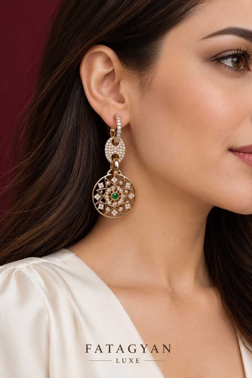 Émeraude Celestial Asymmetric Drop Earrings worn