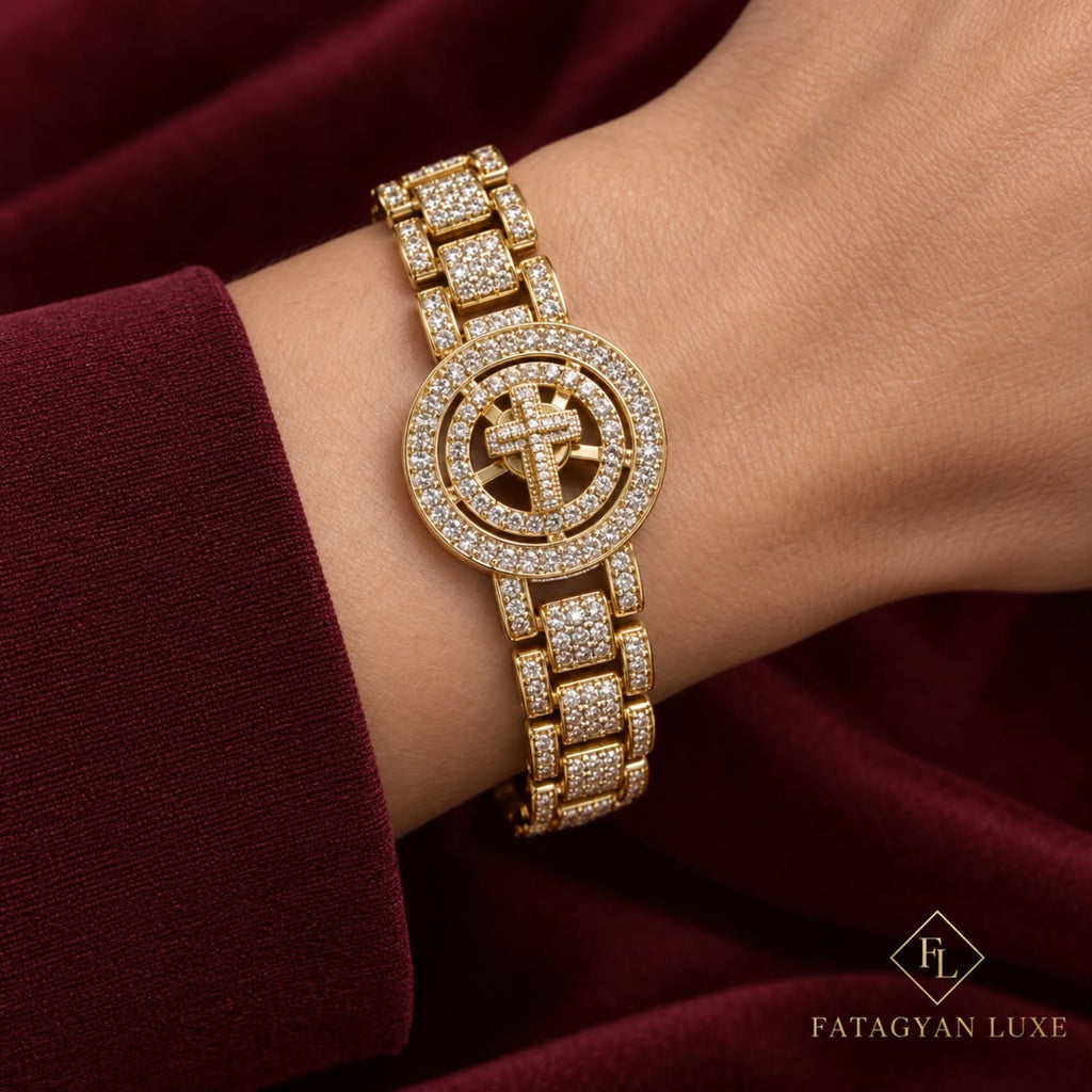 Divine Éclat Crystal Cross Bracelet worn on wrist