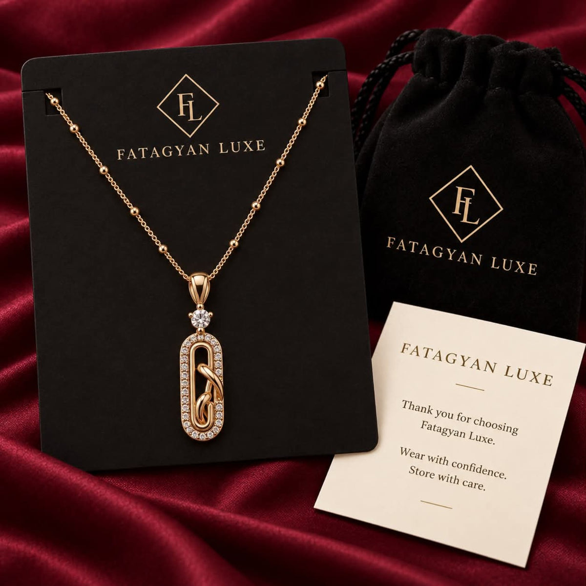 Élan Crystal Link Pendant Necklace with Fatagyan Luxe packaging