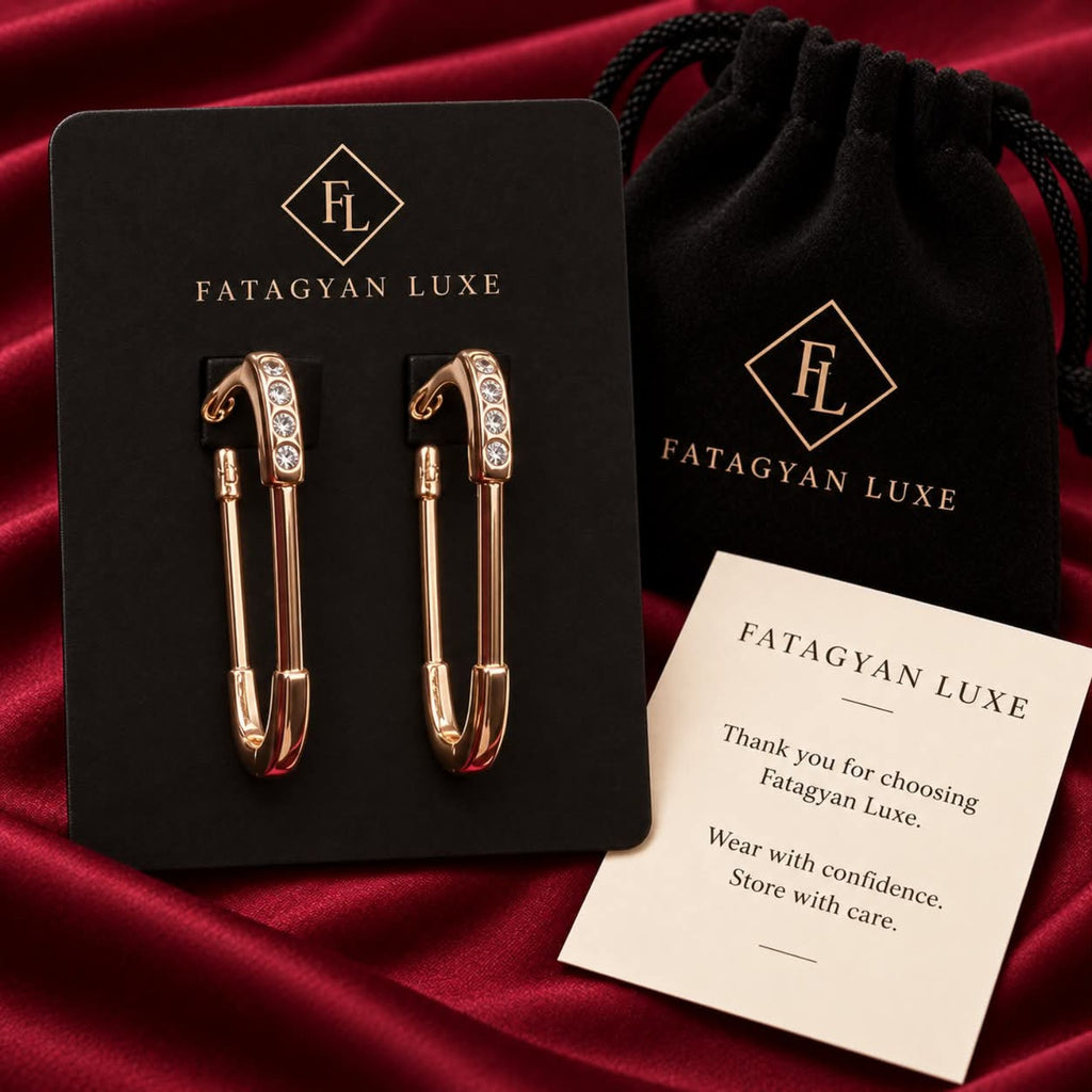 Marais Crystal Safety-Pin Earrings with Fatagyan Luxe packaging