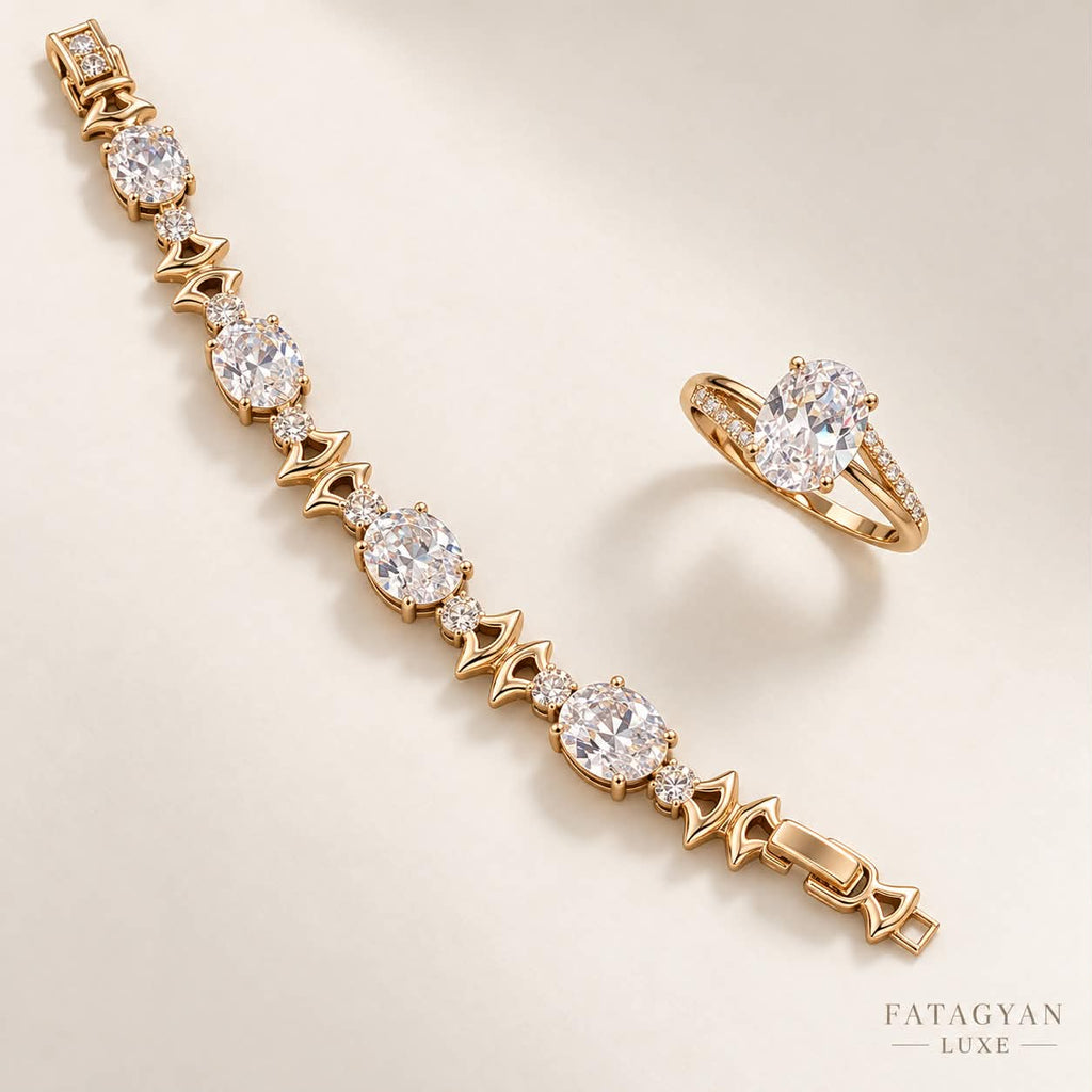 Elara gold-tone oval crystal bracelet and ring set — cream view