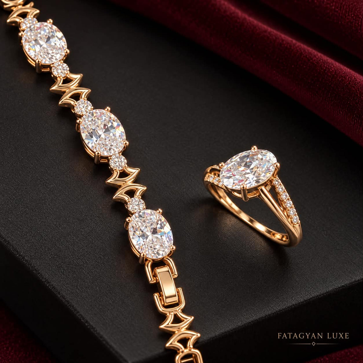 Elara gold-tone oval crystal bracelet and ring set — hero view