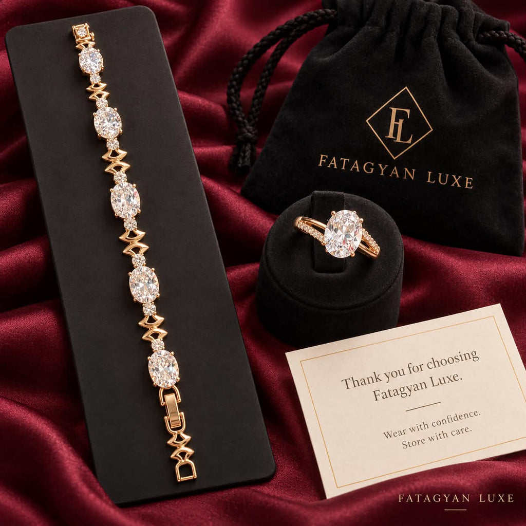 Elara gold-tone oval crystal bracelet and ring set — packaging view