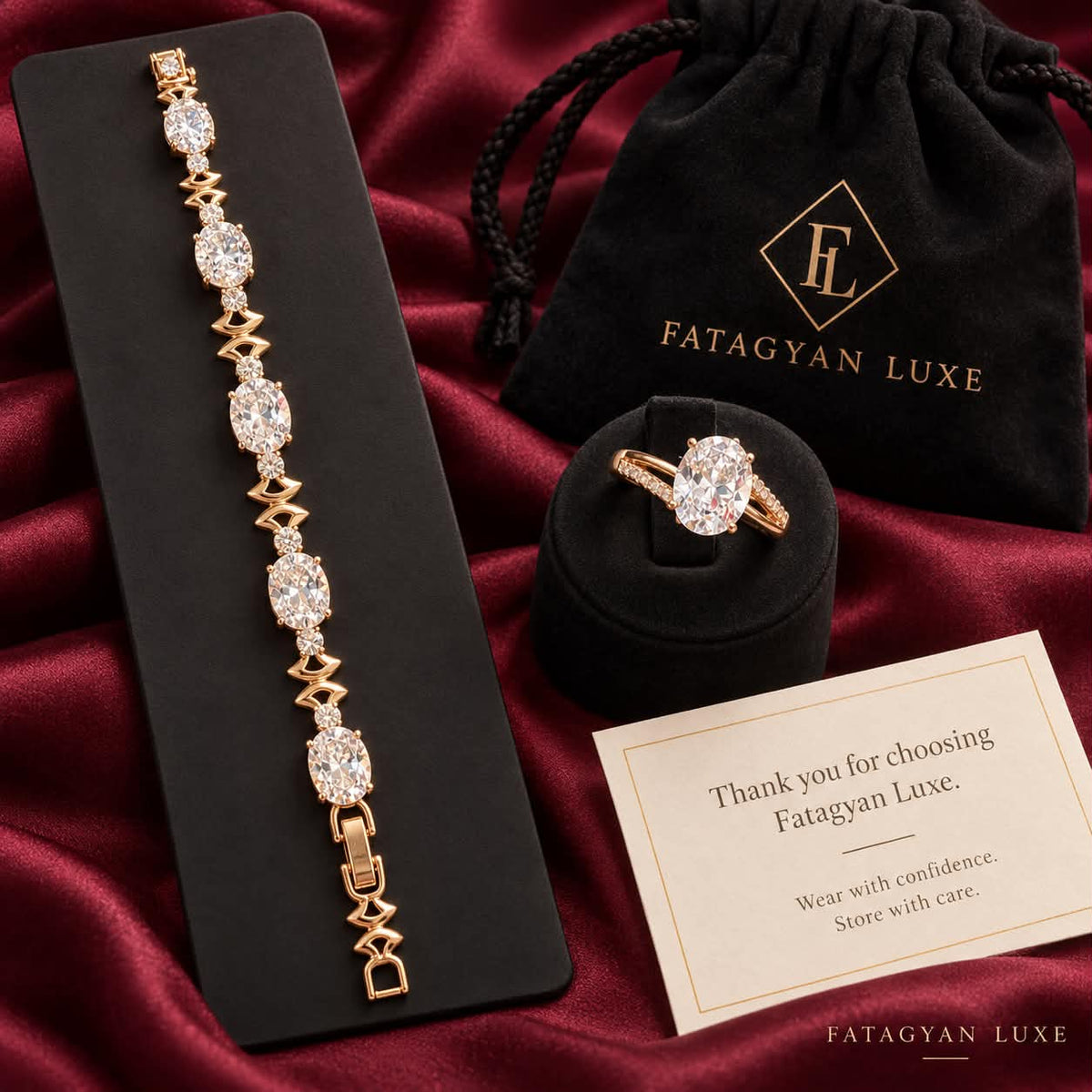 Elara gold-tone oval crystal bracelet and ring set — packaging view