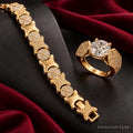 Estelle gold-tone bracelet with star-shaped links and crystal circles beside a round crystal ring