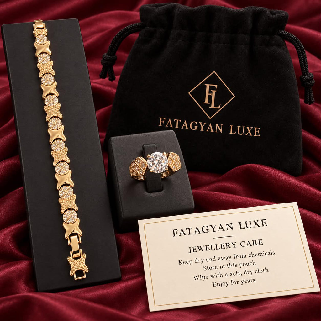 Estelle bracelet and ring set displayed with Fatagyan Luxe packaging