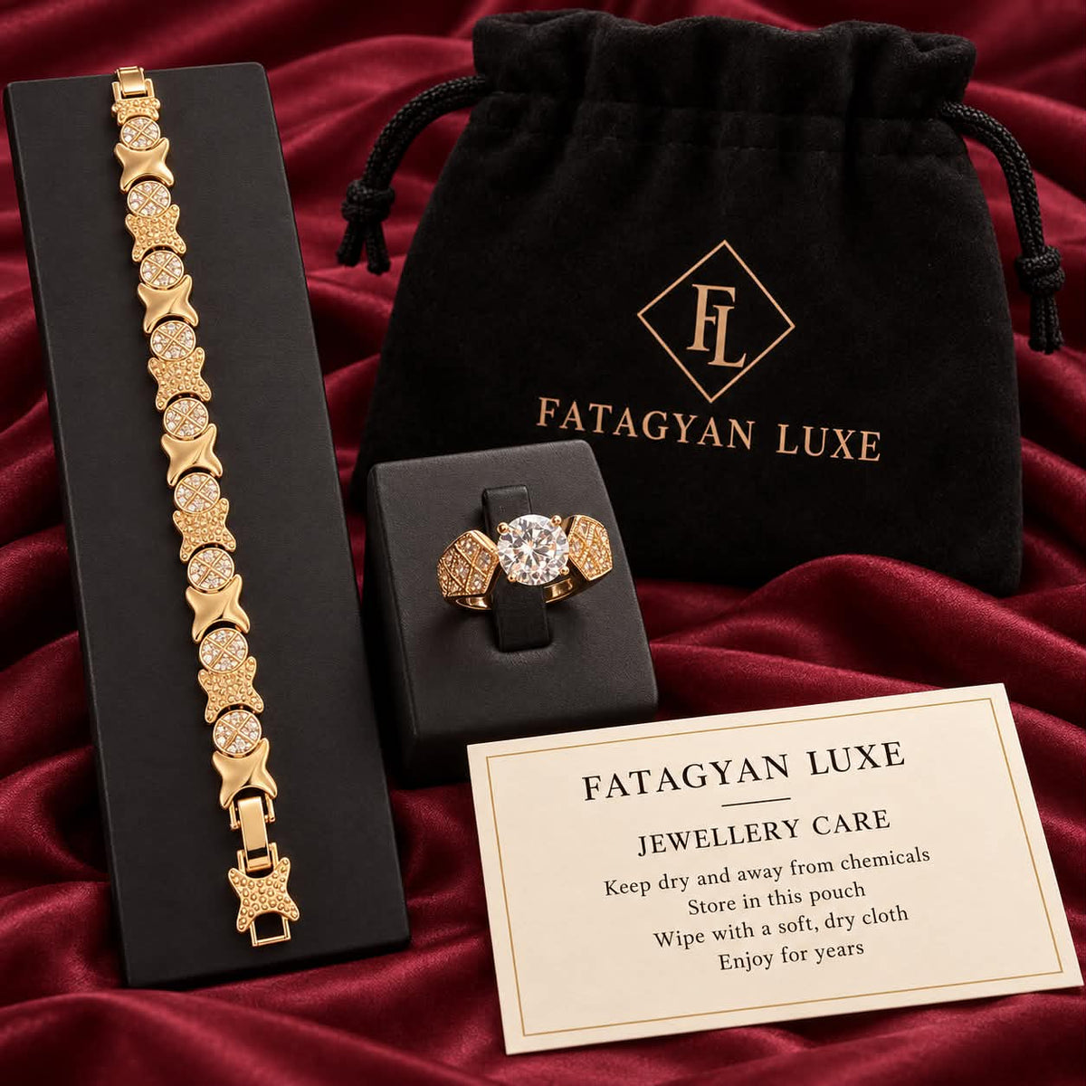 Estelle bracelet and ring set displayed with Fatagyan Luxe packaging