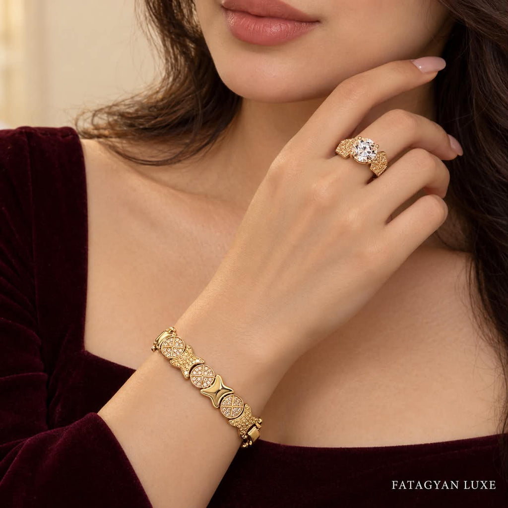 Model wearing the Estelle crystal bracelet and matching statement ring