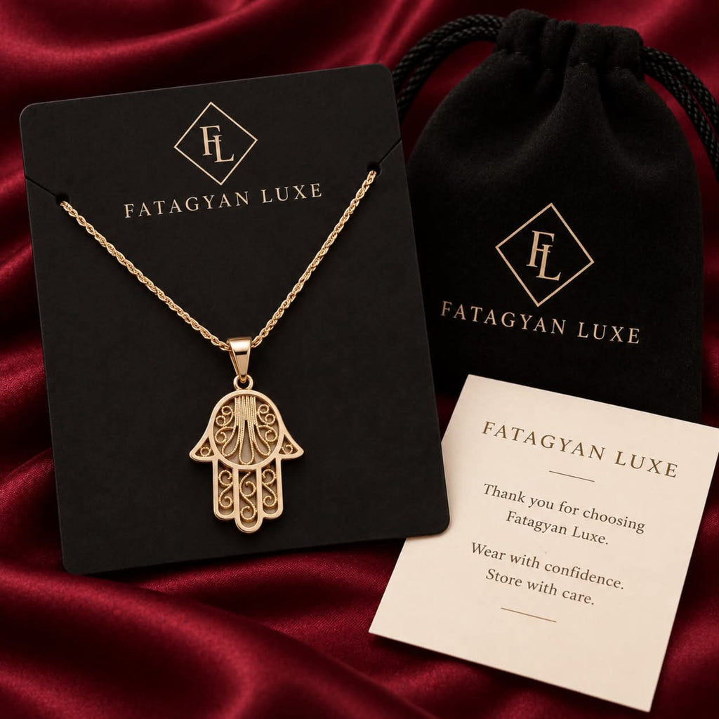 Safiya Filigree Hamsa Necklace with Fatagyan Luxe packaging