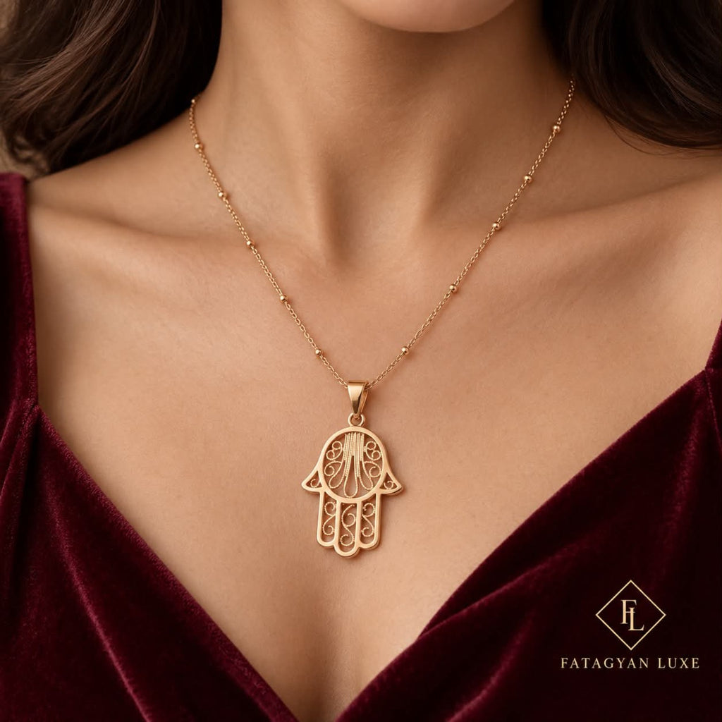 Safiya Filigree Hamsa Necklace worn