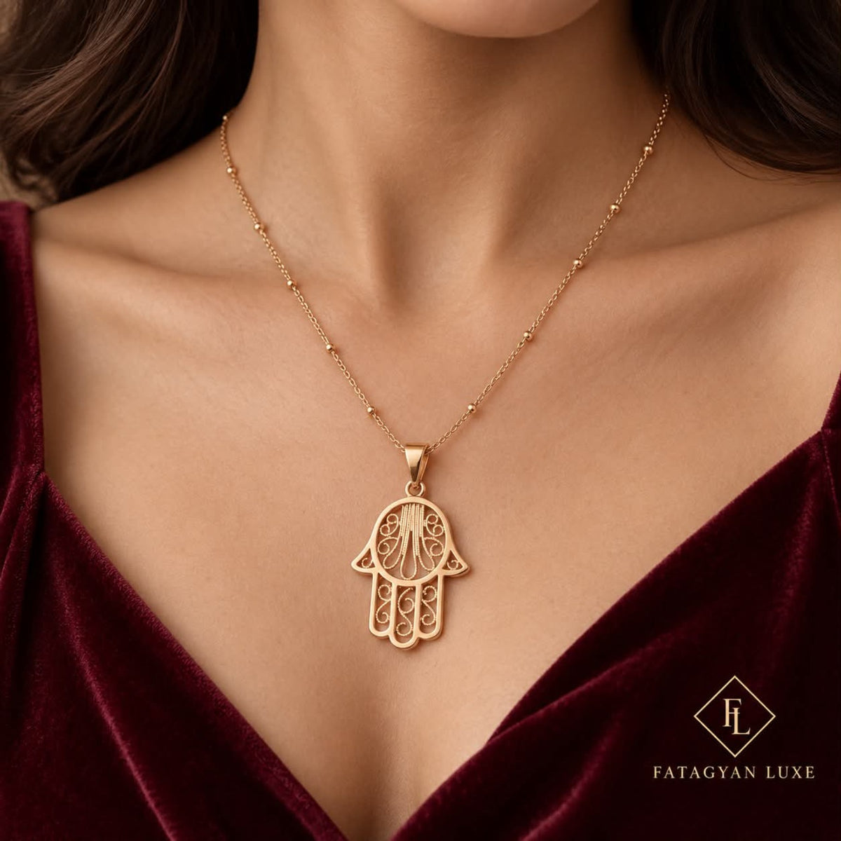 Safiya Filigree Hamsa Necklace worn