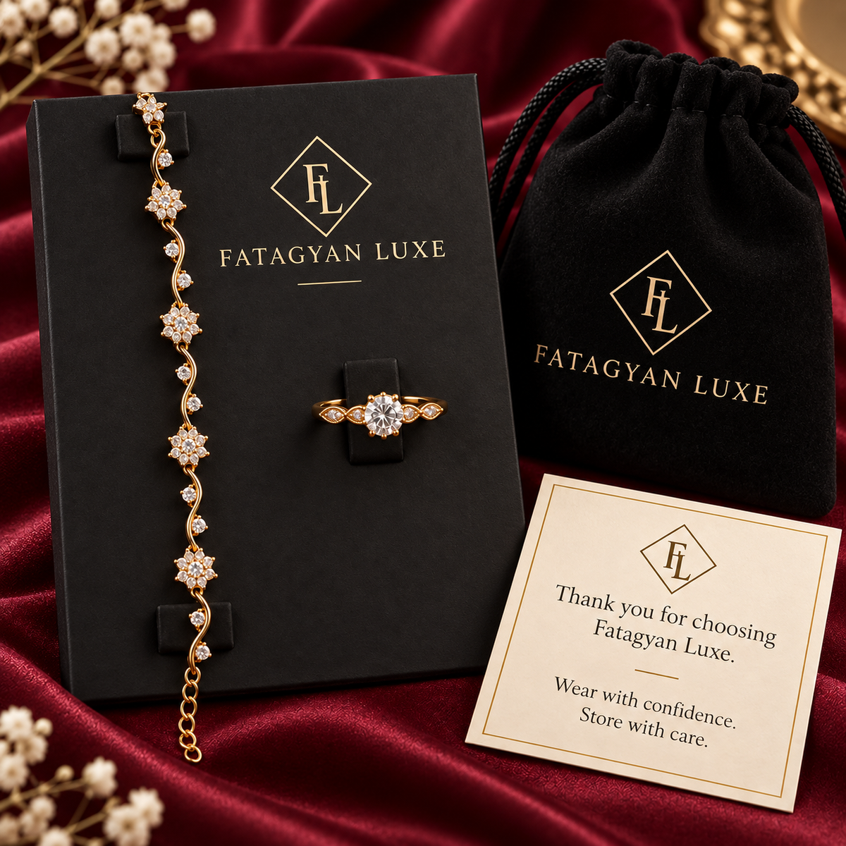 Florielle Crystal Bracelet & Ring Set with Fatagyan Luxe packaging