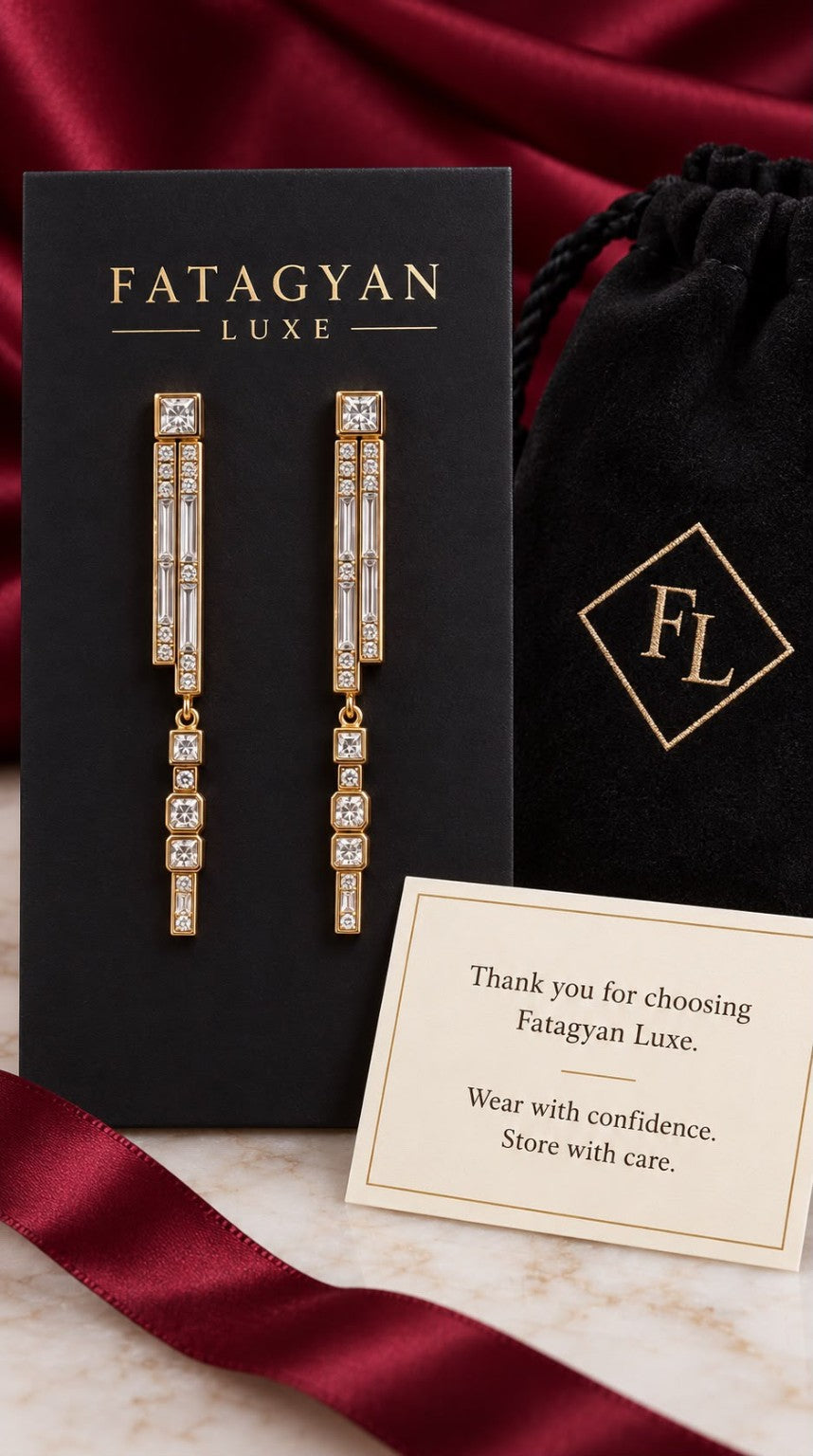 Rivoli Architectural Crystal Drop Earrings with FATAGYAN LUXE packaging