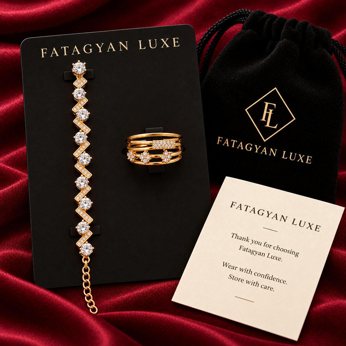 Lumière Duo Crystal Bracelet & Ring Set with Fatagyan Luxe packaging