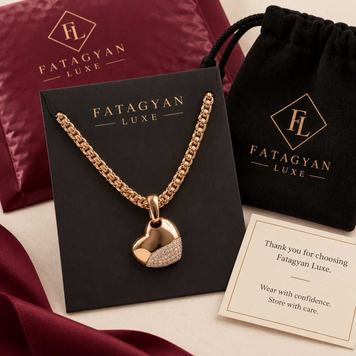 Coeur Lumière Pavé Heart Necklace with Fatagyan Luxe packaging