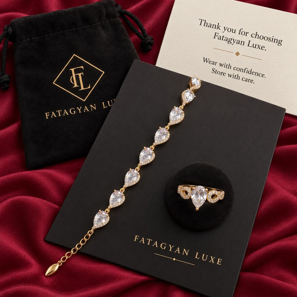 Aureline Pear Crystal Bracelet & Ring Set with Fatagyan Luxe packaging