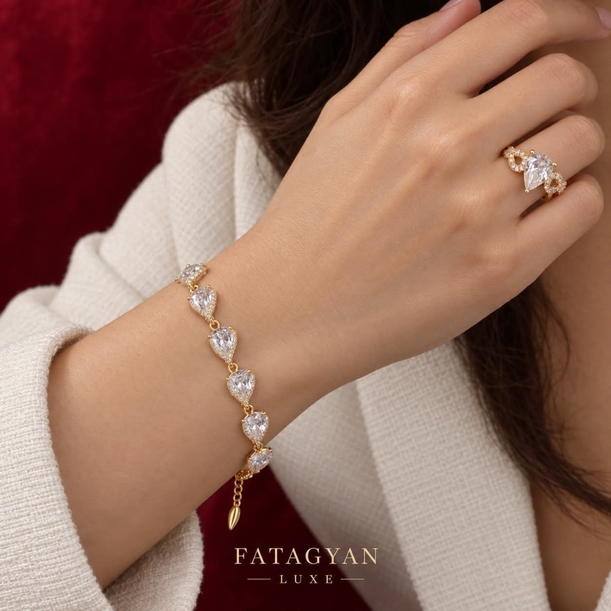 Aureline Pear Crystal Bracelet & Ring Set worn