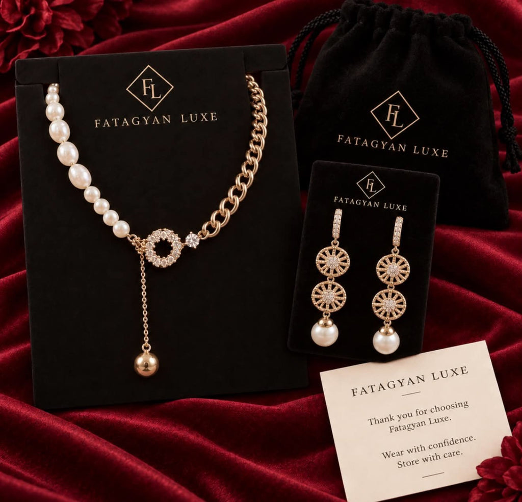 Rosalie Pearl Chain Necklace & Earrings Set with Fatagyan Luxe packaging