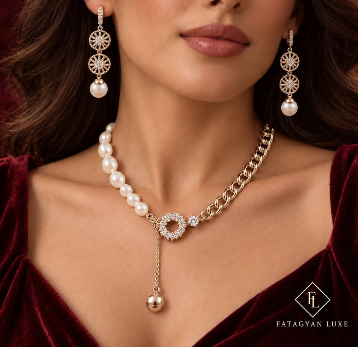 Rosalie Pearl Chain Necklace & Earrings Set worn