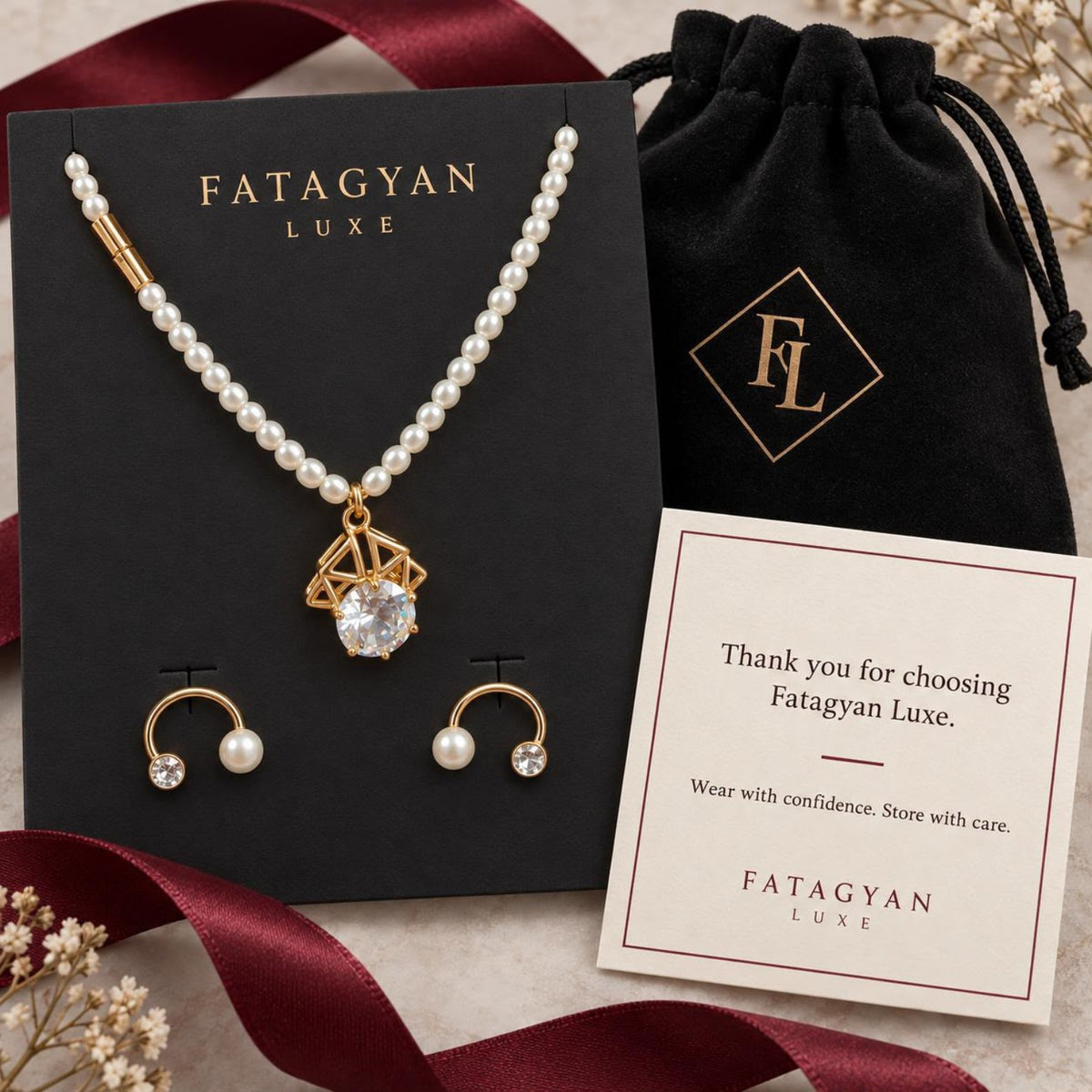 Éclat Perlé pearl and crystal necklace earrings set packaging