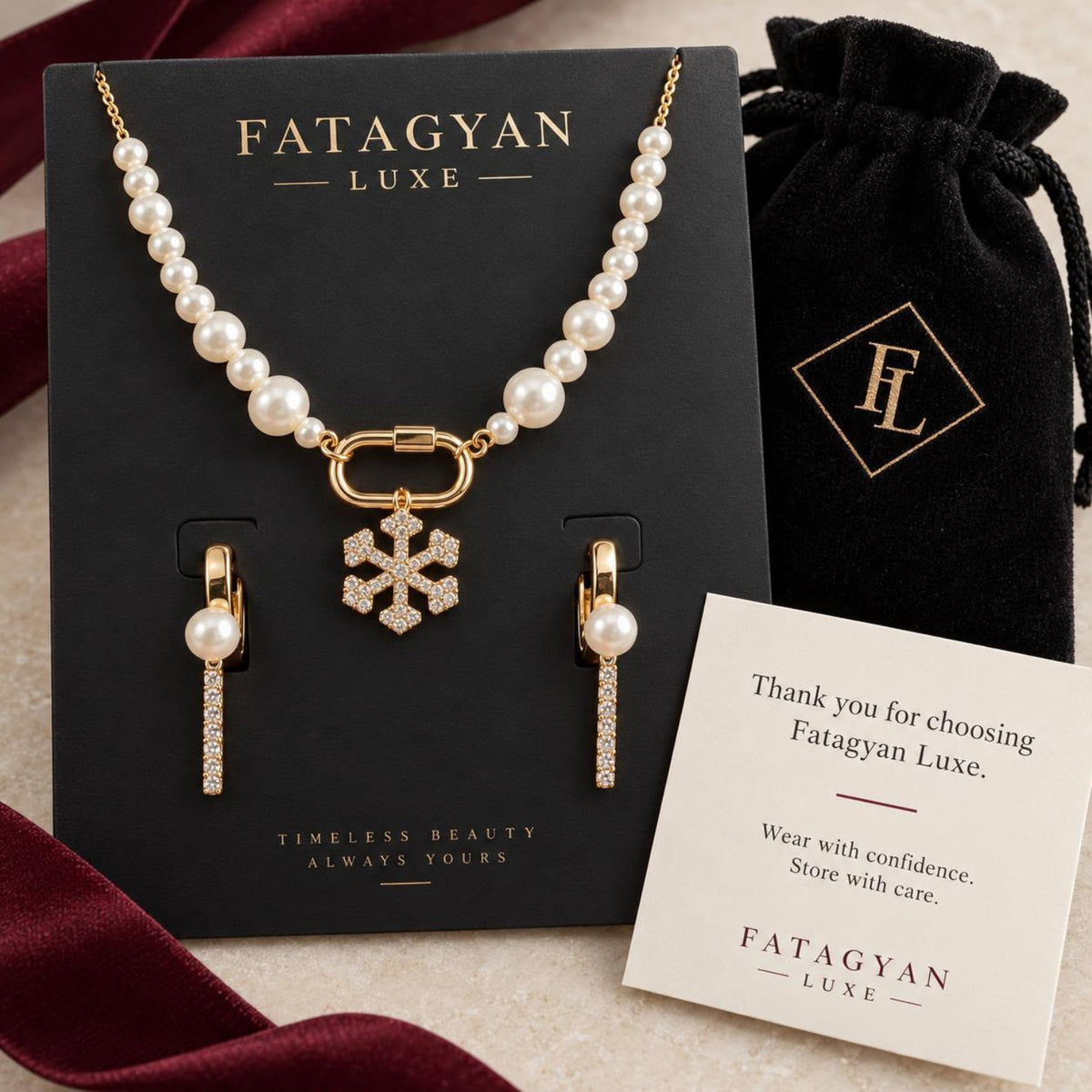 Neige Lumière pearl necklace and earrings set packaging