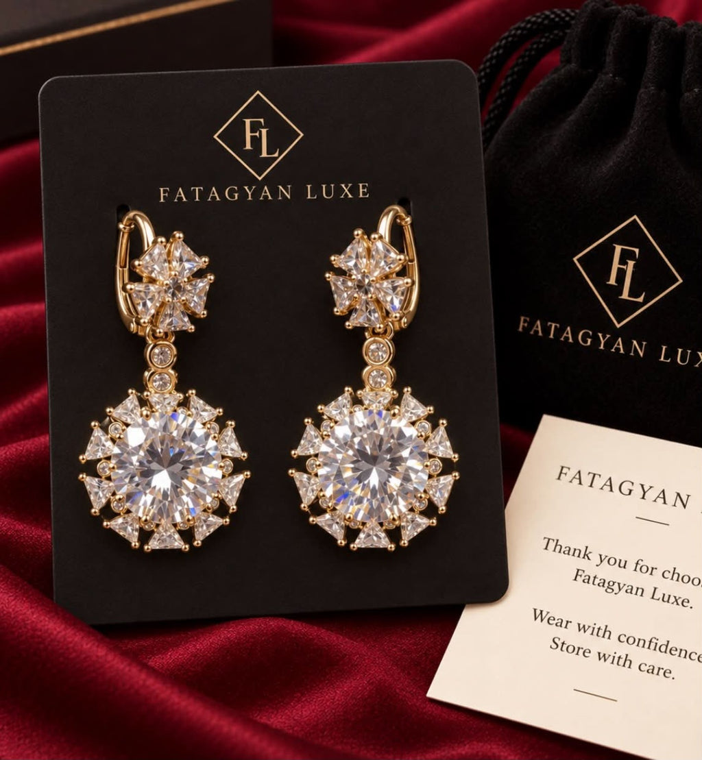 Étoile Radiance Crystal Drop Earrings with Fatagyan Luxe packaging