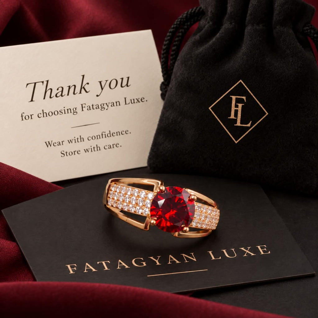 Rouge Éclat Crystal Ring with Fatagyan Luxe packaging