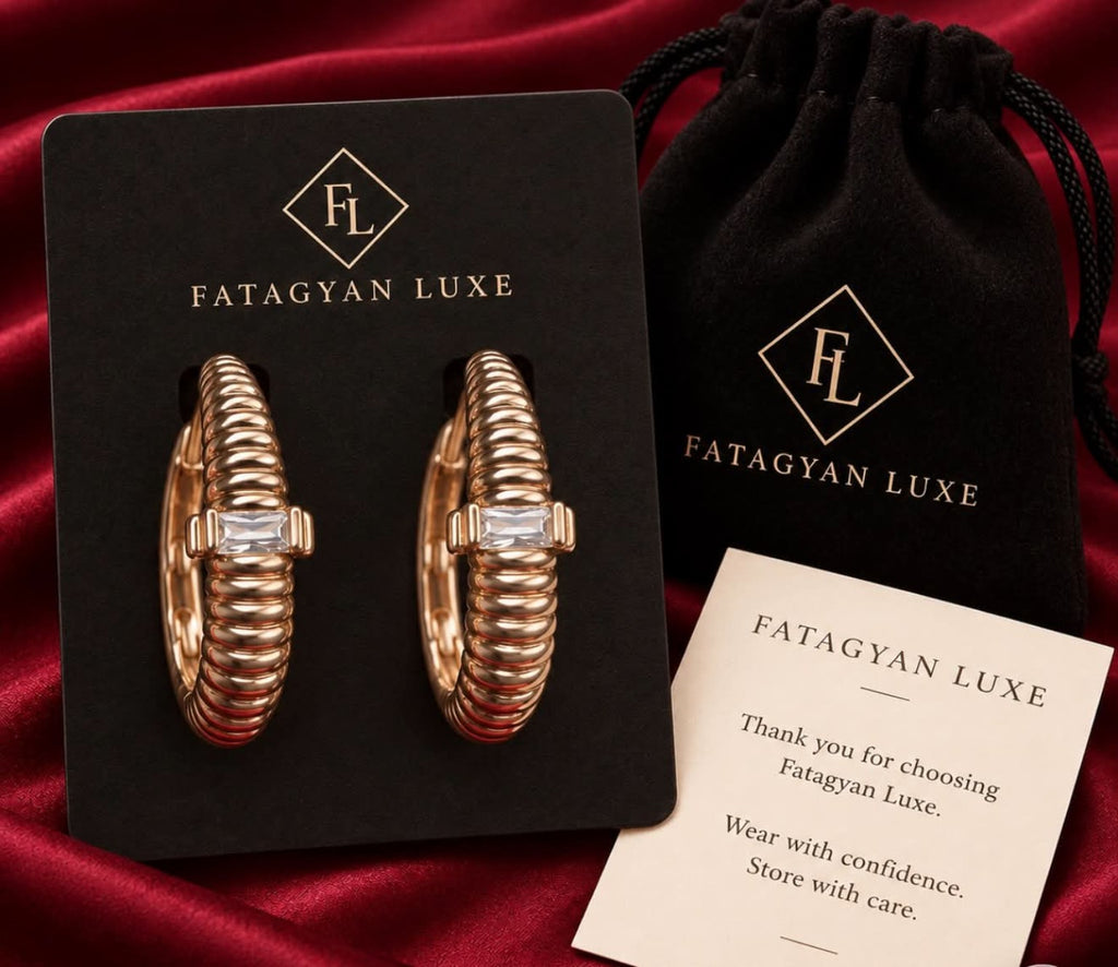 Vienne Ribbed Crystal Hoop Earrings with Fatagyan Luxe packaging