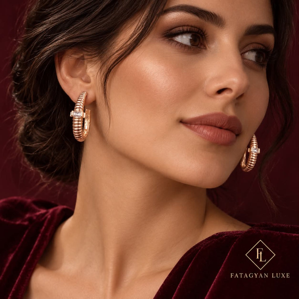 Vienne Ribbed Crystal Hoop Earrings worn