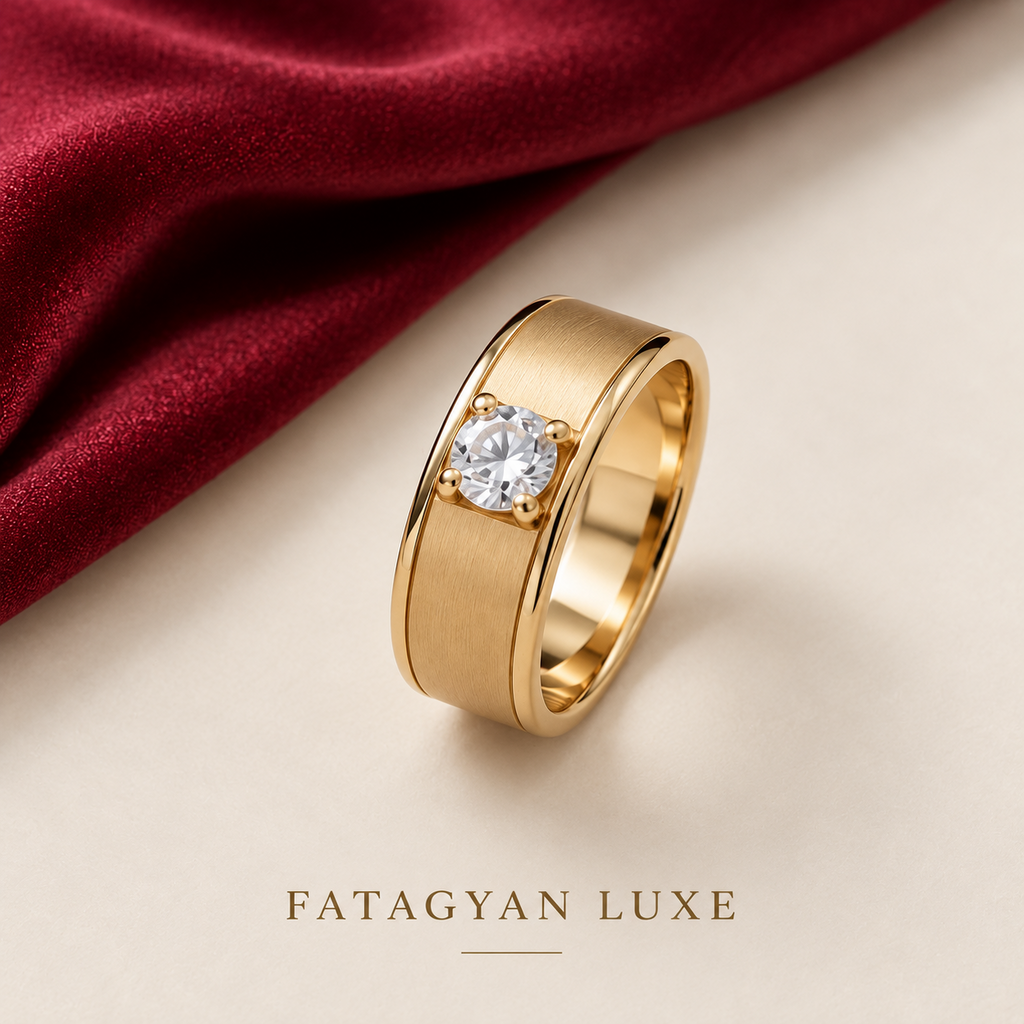 Fatagyan Luxe gold ring with round stone on burgundy and cream background