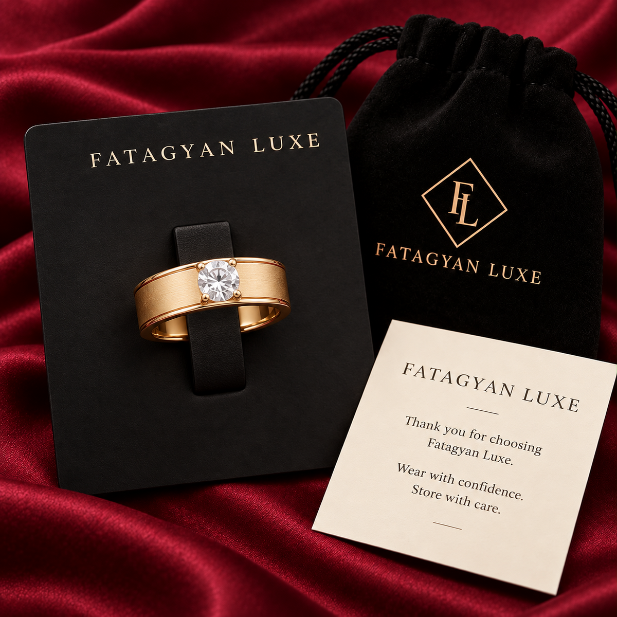 Fatagyan Luxe gold ring with branded packaging