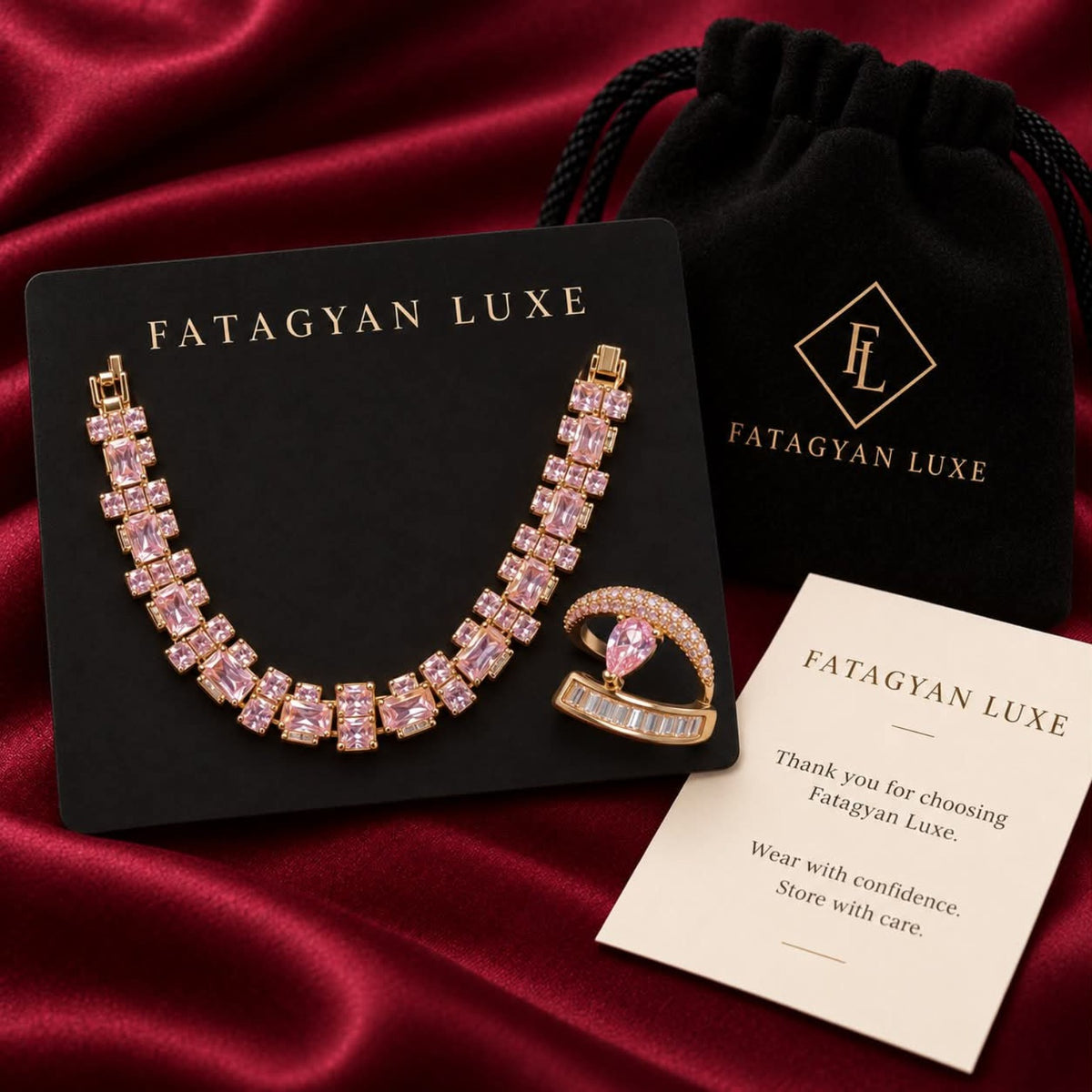 Rosé Arc Crystal Bracelet & Ring Set with Fatagyan Luxe packaging