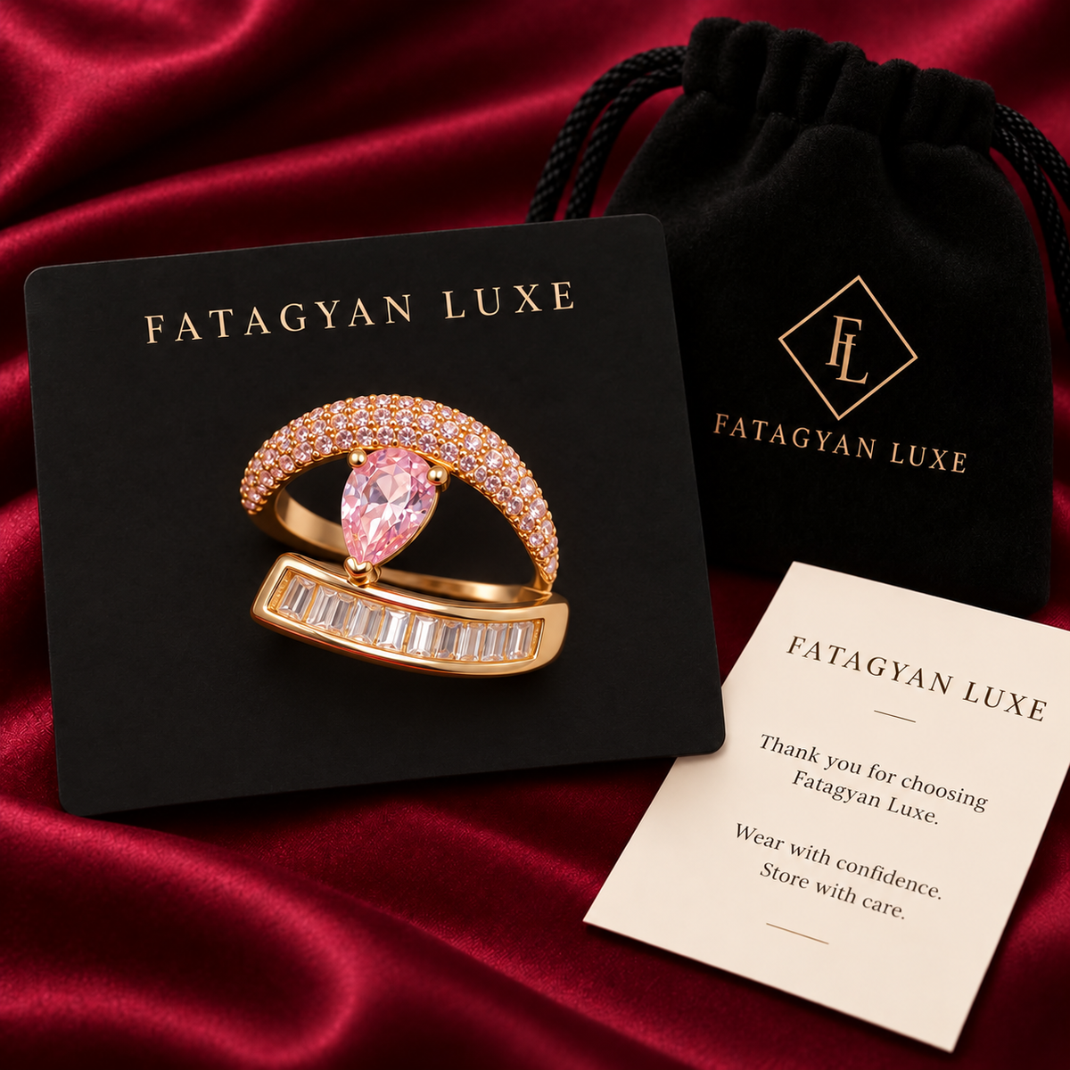 Rosé Crescent Crystal Ring with Fatagyan Luxe packaging
