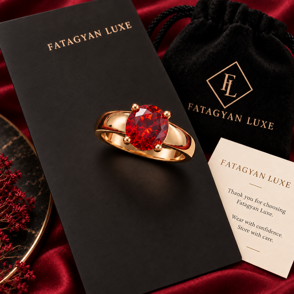Rouge Solitaire Crystal Ring with Fatagyan Luxe packaging