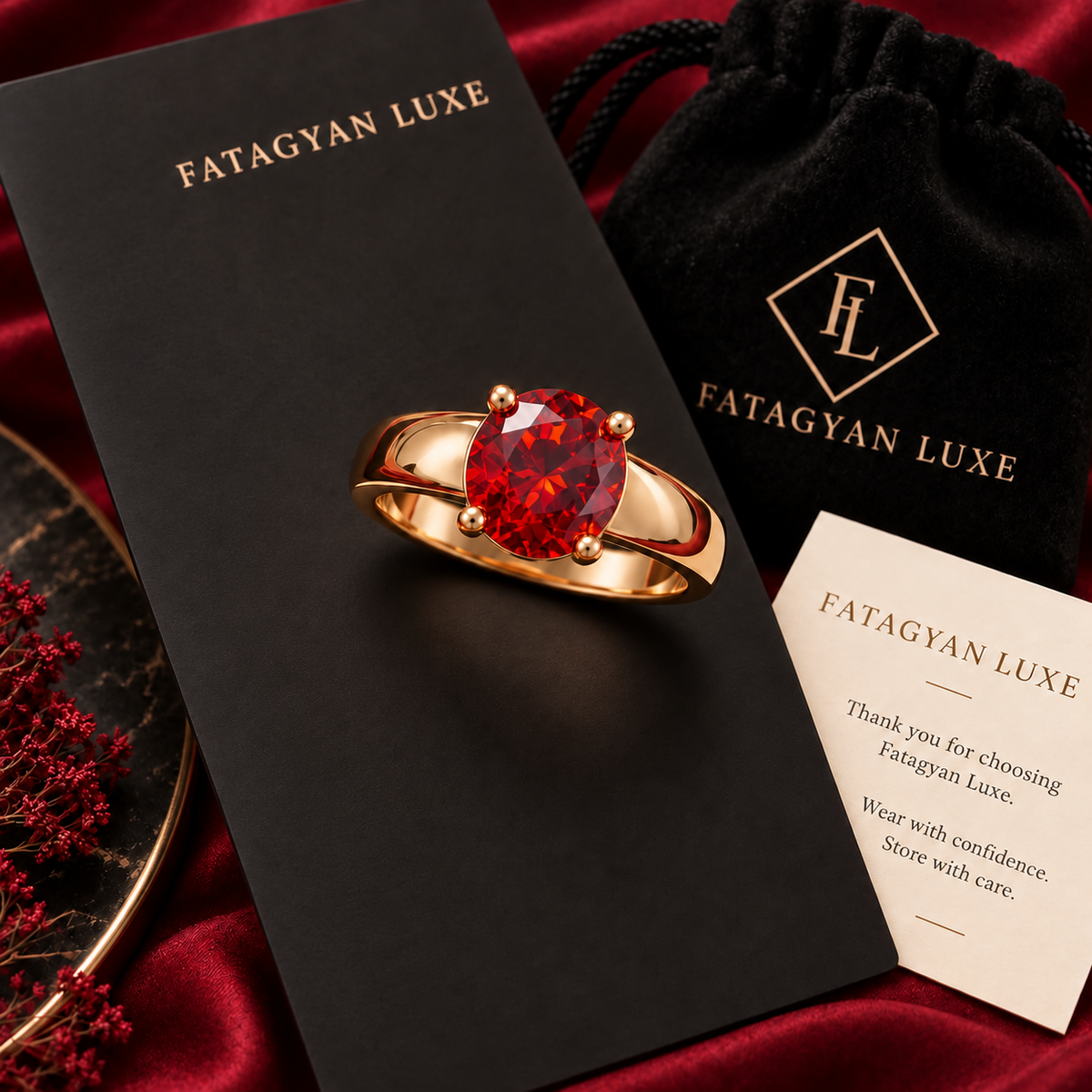 Rouge Solitaire Crystal Ring with Fatagyan Luxe packaging