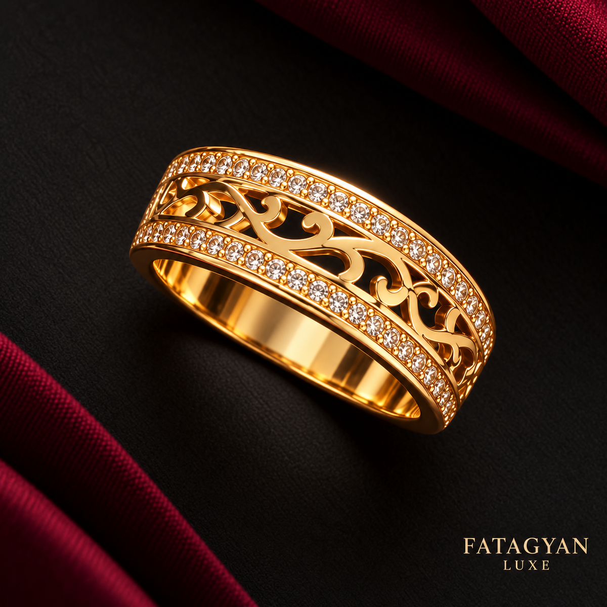 Seraphine gold-tone openwork scroll ring bordered by clear crystals
