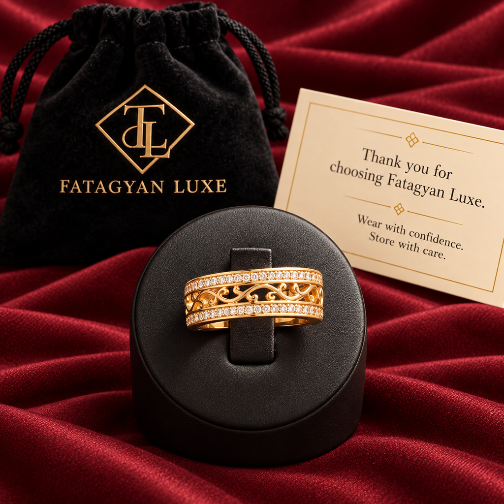 Seraphine scroll crystal ring with Fatagyan Luxe packaging