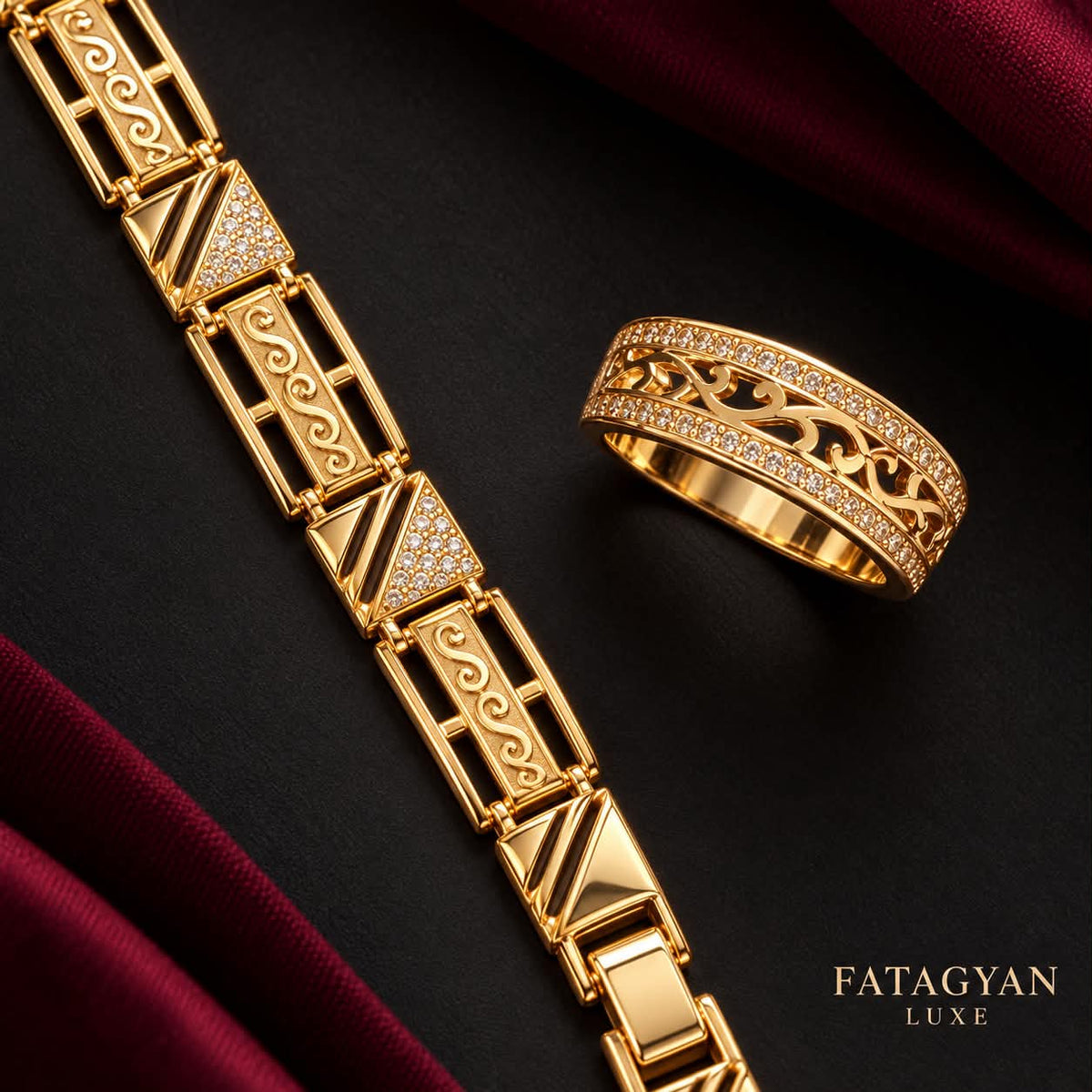 Seraphine gold-tone scroll-link crystal bracelet and matching openwork ring