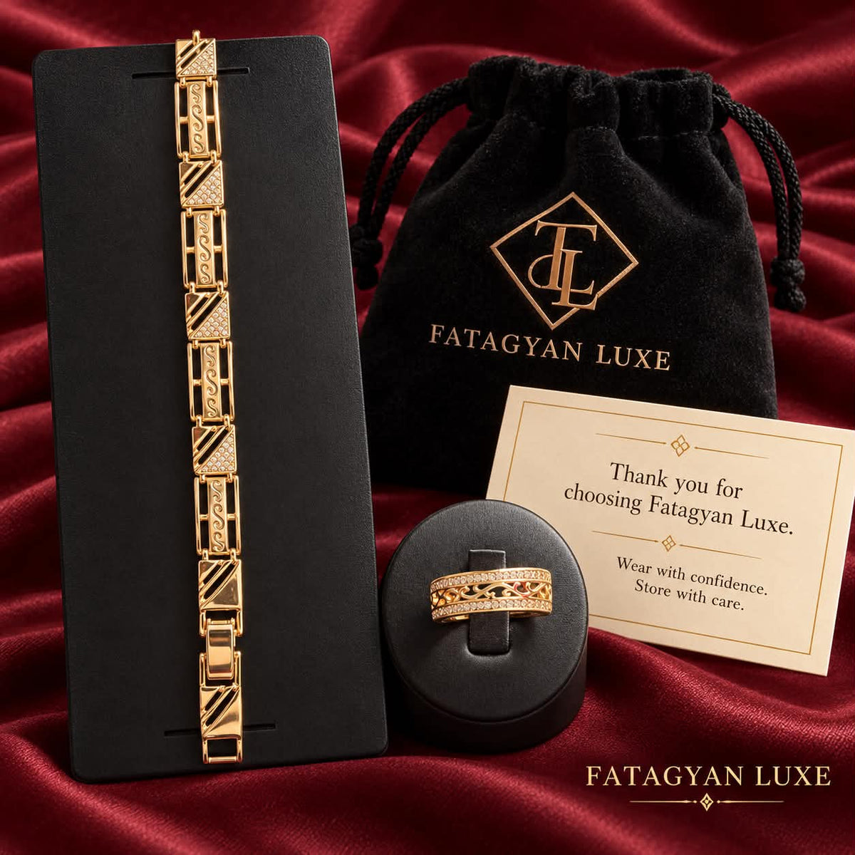 Seraphine bracelet and ring set displayed with Fatagyan Luxe packaging