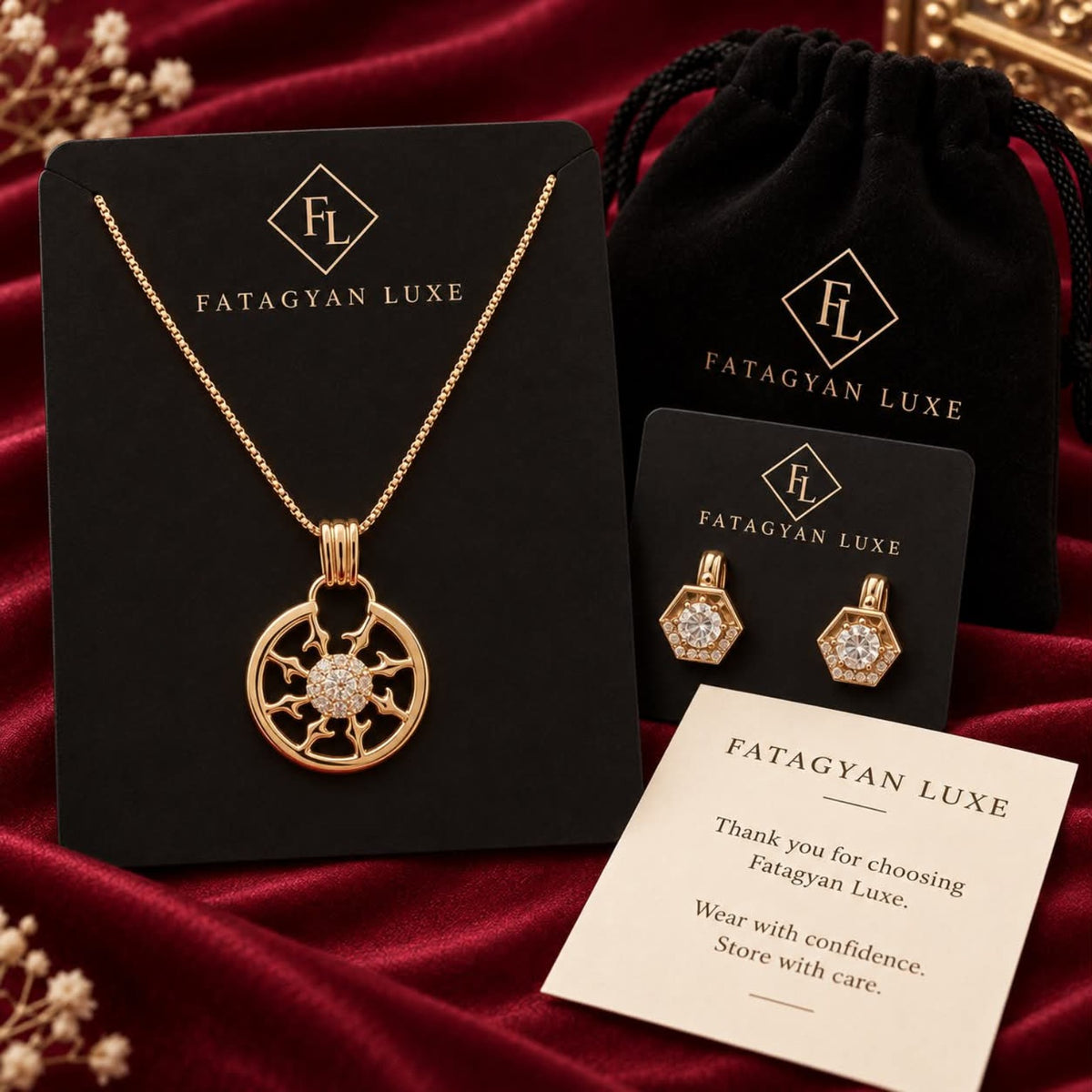 Soleil Crystal Pendant Necklace & Earrings Set with Fatagyan Luxe packaging