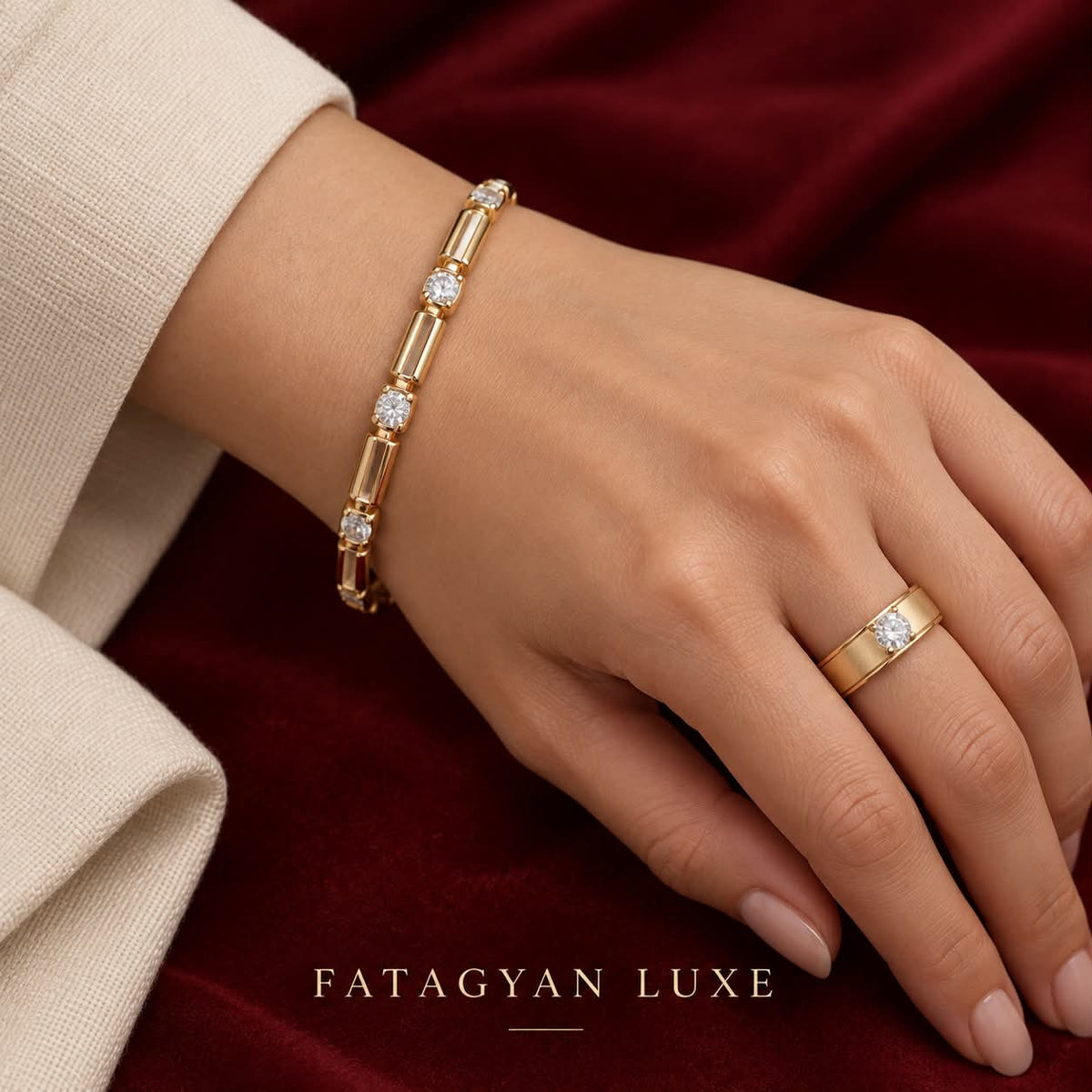 Solenne Solitaire Bar Bracelet and Ring Set worn