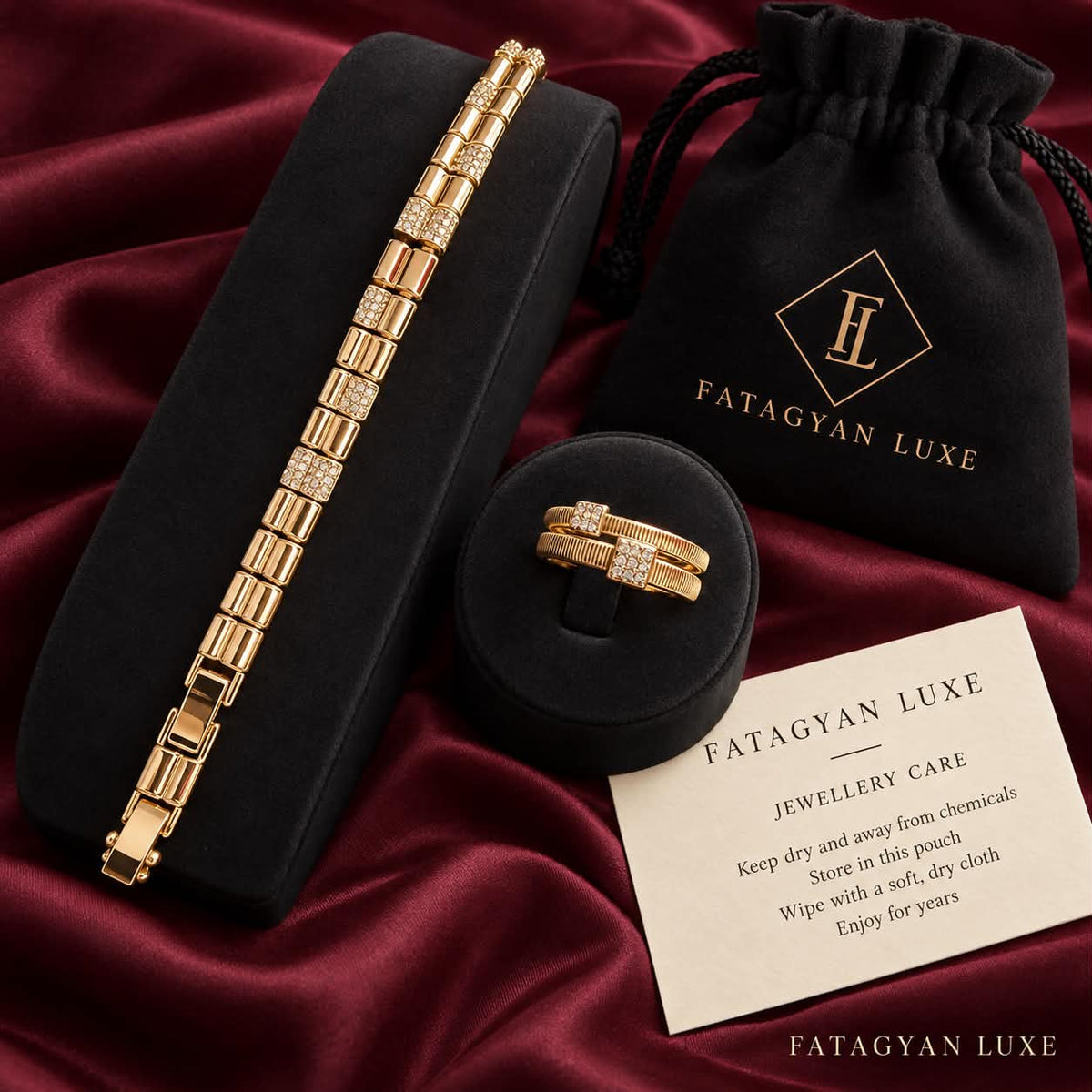 Gold-tone crystal bracelet and ring displayed beside Fatagyan Luxe packaging