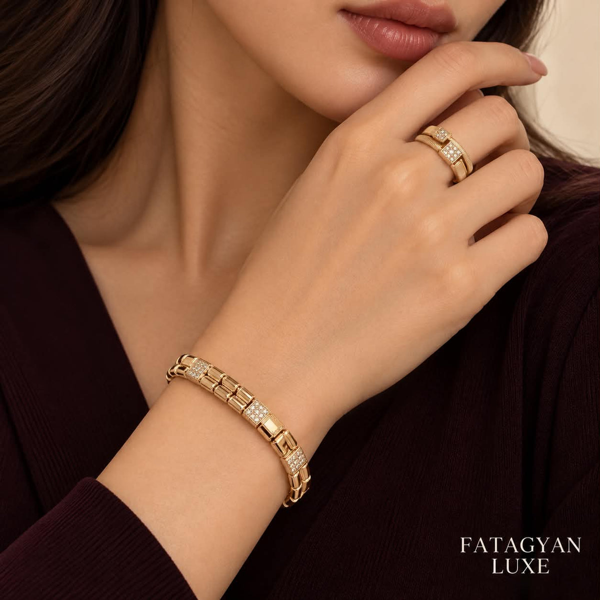 Model wearing the matching gold-tone crystal bracelet and double-band ring