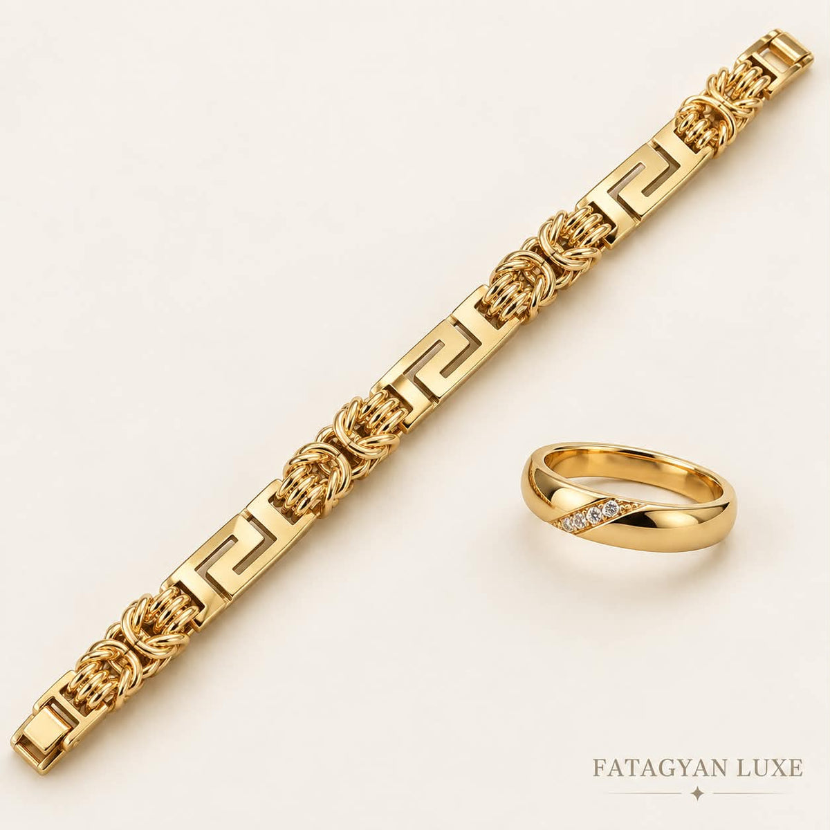 Valeria gold-tone Greek key link bracelet and crystal-accented band ring — cream view