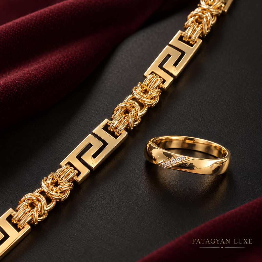 Valeria gold-tone Greek key link bracelet and crystal-accented band ring — hero view