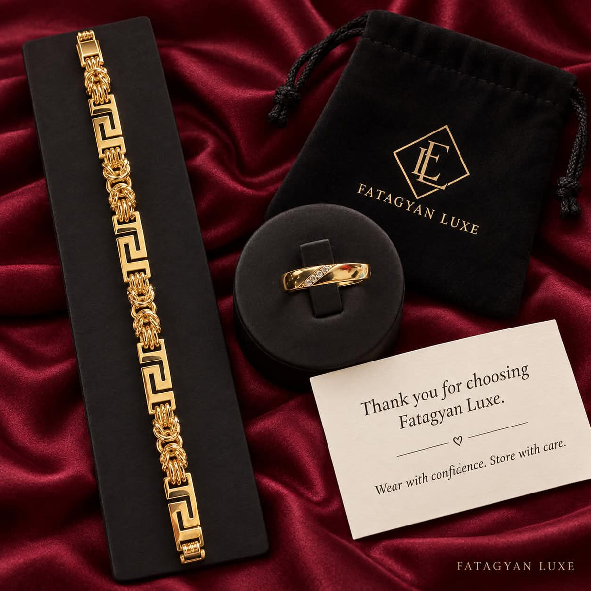 Valeria gold-tone Greek key link bracelet and crystal-accented band ring — packaging view