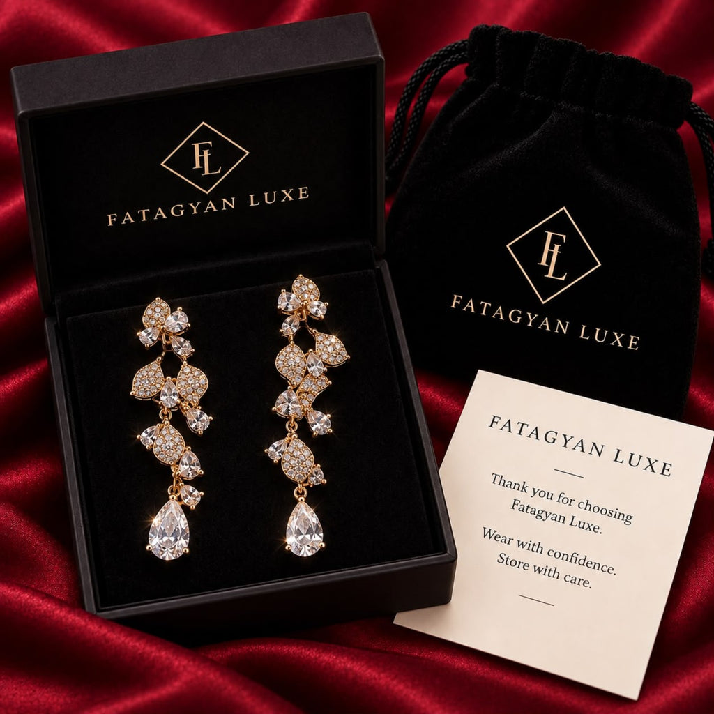 Floréa Crystal Vine Drop Earrings FATAGYAN LUXE packaging