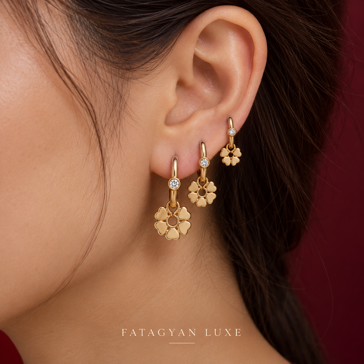 Floréa Trio Flower Drop Earring Set worn together on model
