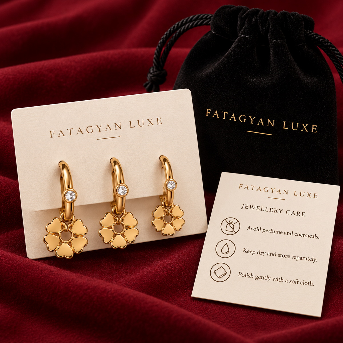 Floréa Trio Flower Drop Earring Set with Fatagyan Luxe packaging