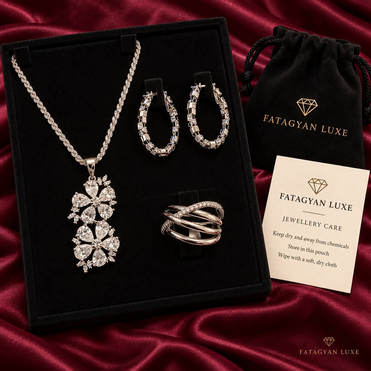 Florielle Radiance floral crystal jewellery set with Fatagyan Luxe packaging
